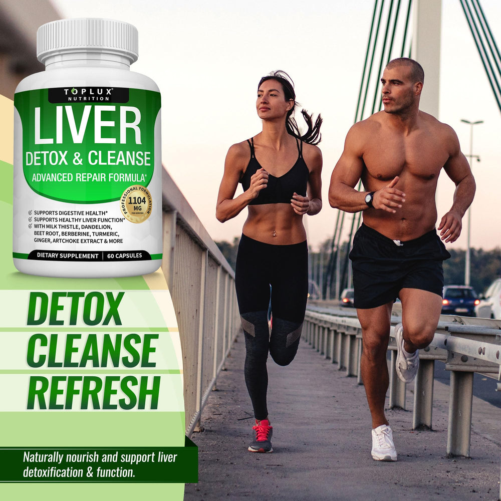 Toplux Liver Detox daily-use scene implies a 30-day wellness routine.