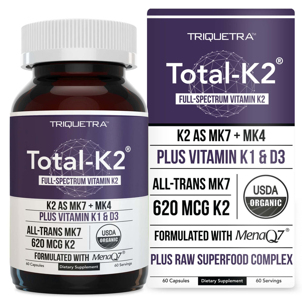 Total K2 bottle with label highlighting full-spectrum Vitamin K2 MK4 & MK7