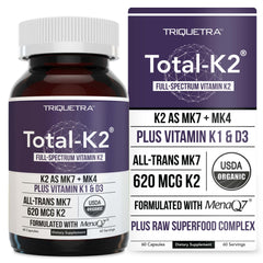 Total K2 bottle with label highlighting full-spectrum Vitamin K2 MK4 & MK7