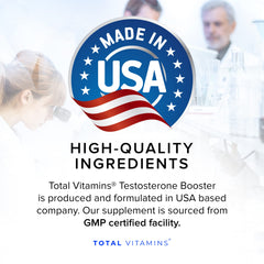 TOTAL VITAMINS Testosterone Booster gym-session scene suggests supports sustained workouts.