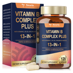 Bottle label for Totaria 13-in-1 Vitamin B Complex Plus