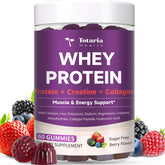 Totaria 3in1 whey protein gummies berry bottle for convenient post-workout recovery.