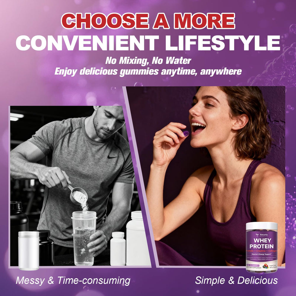 Totaria 3in1 gummies packaging shot conveys compact nutrition for gym bag.