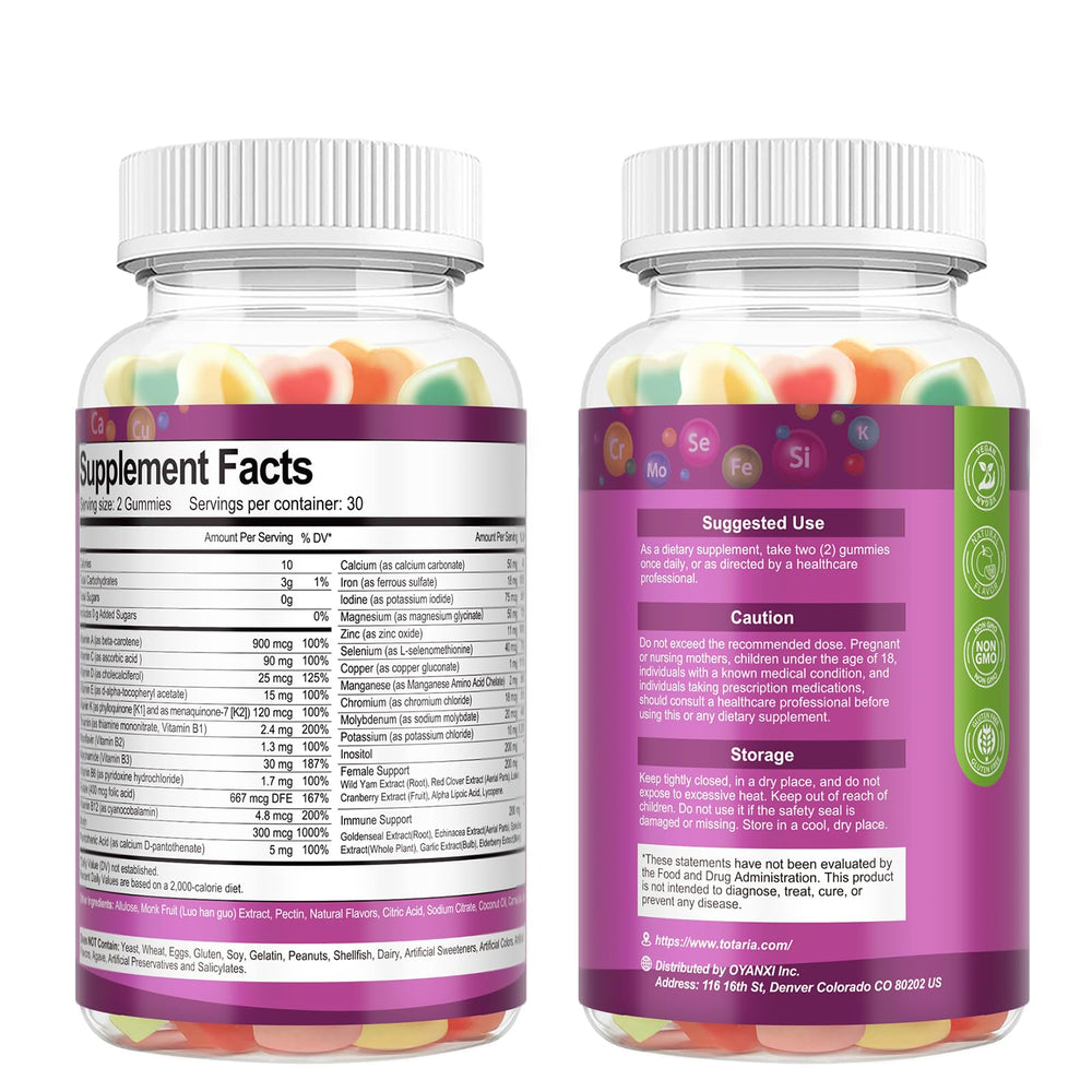 Totaria mixed flavor gummies arranged to show blueberry pineapple cherry orange variety