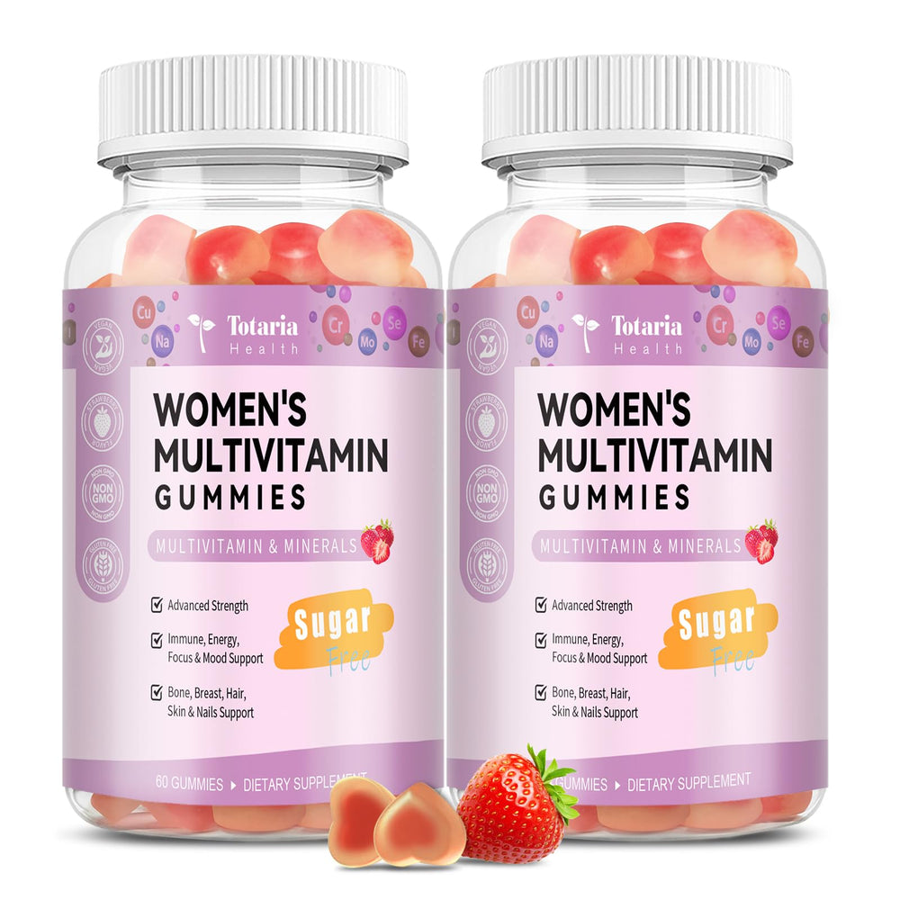 Totaria front packaging showing strawberry sugar-free multivitamin gummies and benefits