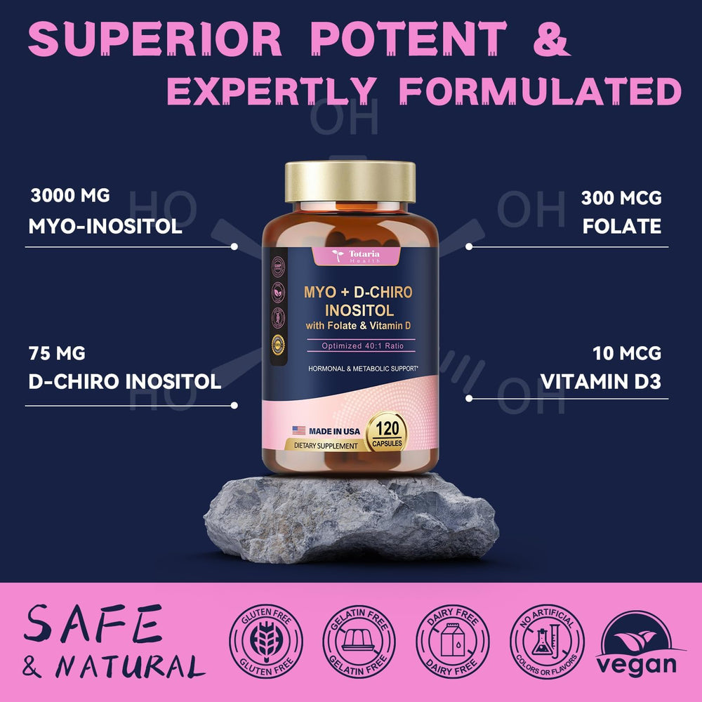 Totaria label nutrition panel showing ingredients like myo‑inositol, d‑chiro, vitamin D3, folate