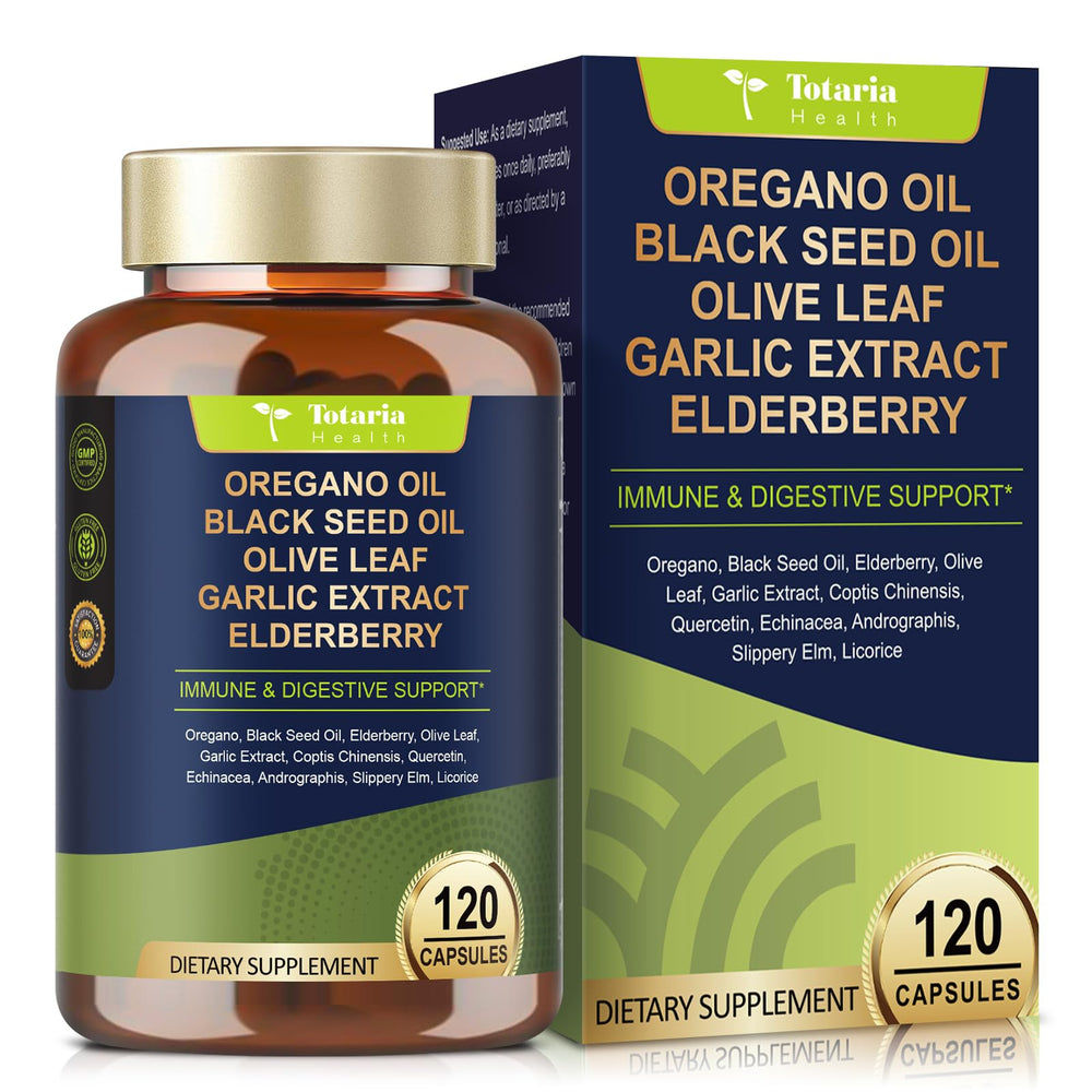 Bottle of Totaria Oil of Oregano and Black Seed Oil capsules