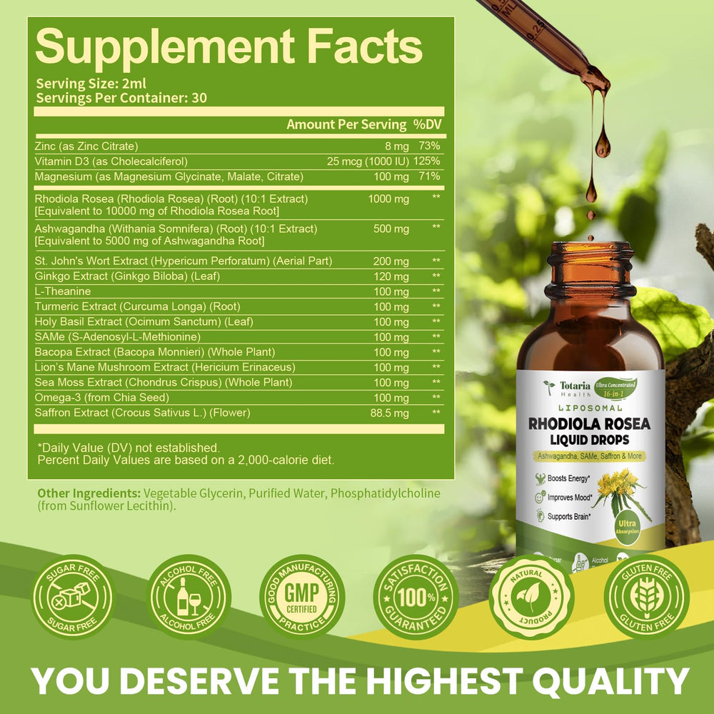 Close-up of Totaria rhodiola tincture label