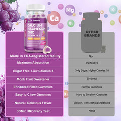 Grape-flavored vegan calcium magnesium zinc gummies packaging image