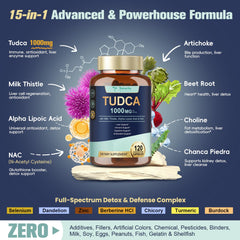 Illustration of Totaria Tudca ingredients including Milk Thistle, ALA, NAC