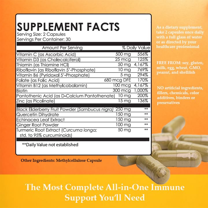 Ingredient highlights including elderberry, echinacea, quercetin, curcumin, ginger and B vitamins