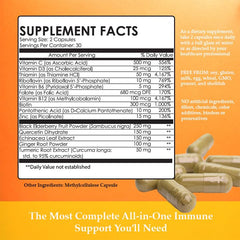Ingredient highlights including elderberry, echinacea, quercetin, curcumin, ginger and B vitamins