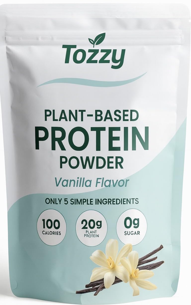 TOZZY vegan pea protein vanilla bottle for convenient high-protein fueling after workouts.