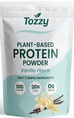 TOZZY vegan pea protein vanilla bottle for convenient high-protein fueling after workouts.