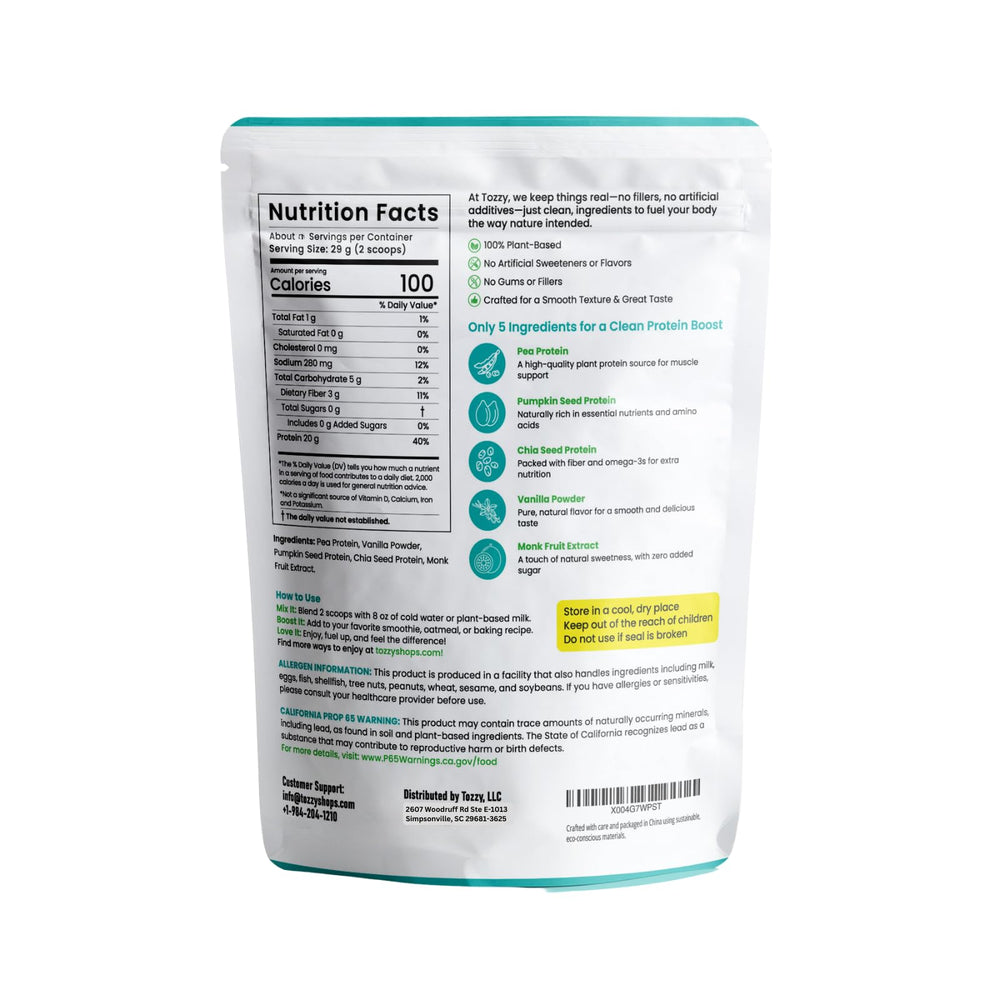 TOZZY vegan pea protein vanilla powder-scoop for quick, measured protein shakes.