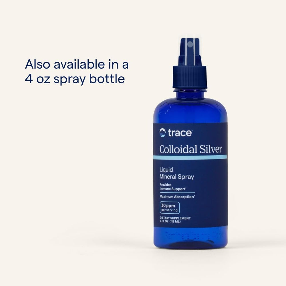 Front view of Trace Minerals Colloidal Silver bottle on white