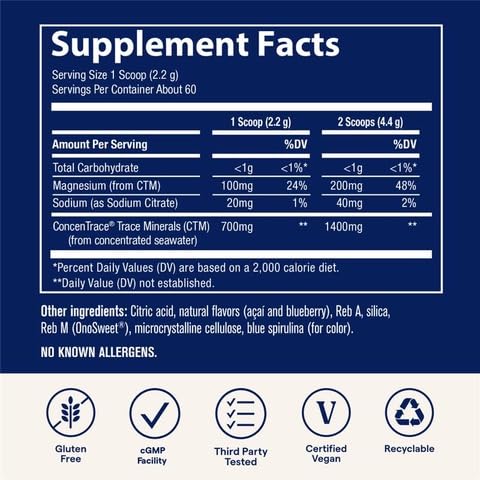 Close-up of product label on ConcenTrace Daily Mineral Powder