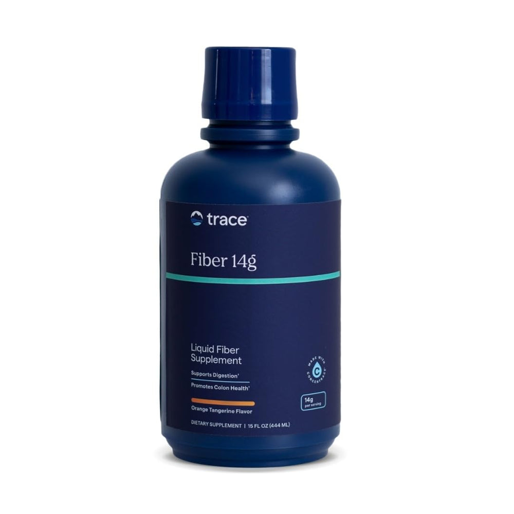 Trace Minerals Fiber 14g bottle with glass of orange tangerine liquid