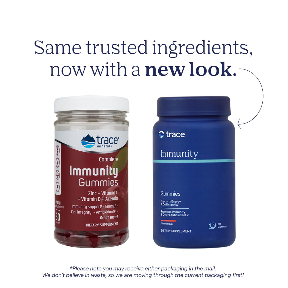 Trace Minerals Immunity Gummies label highlighting zinc, vitamin C, and vitamin D