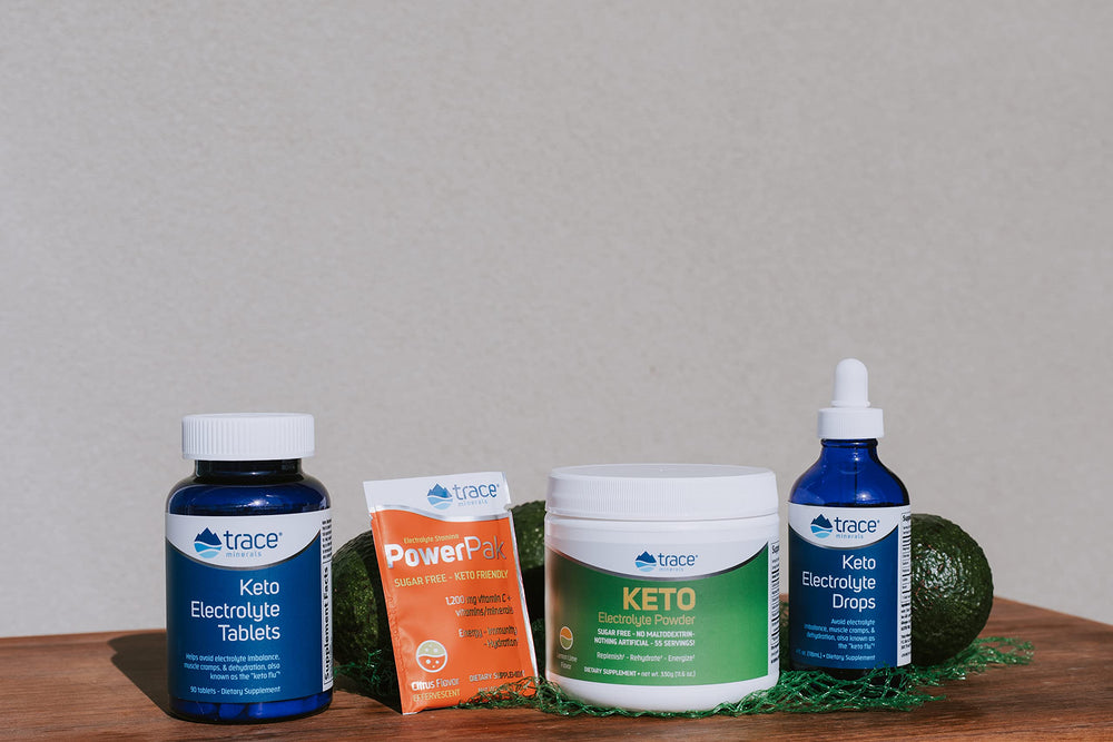 Trace Minerals Keto Electrolyte Drops with glass and drink show keto hydration on the go.