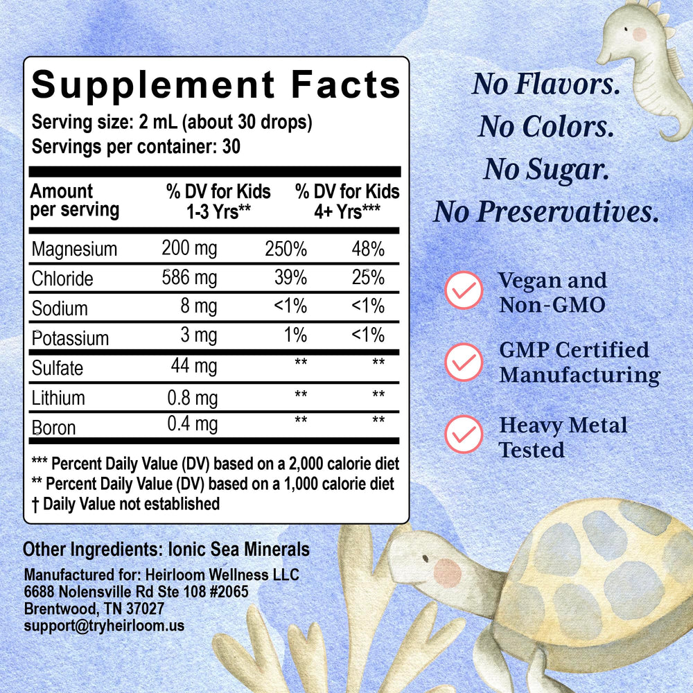 Sea minerals infographic highlighting mineral blend for kids