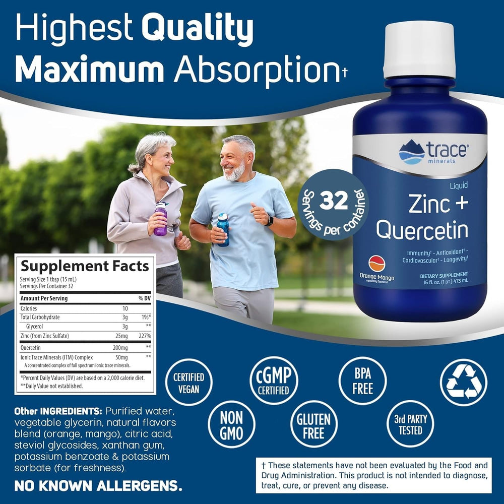 Back label showing supplement facts for Trace Minerals Liquid Zinc Plus Quercetin