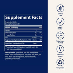 Ingredients panel showing magnesium glycinate, magnesium citrate and ConcenTrace