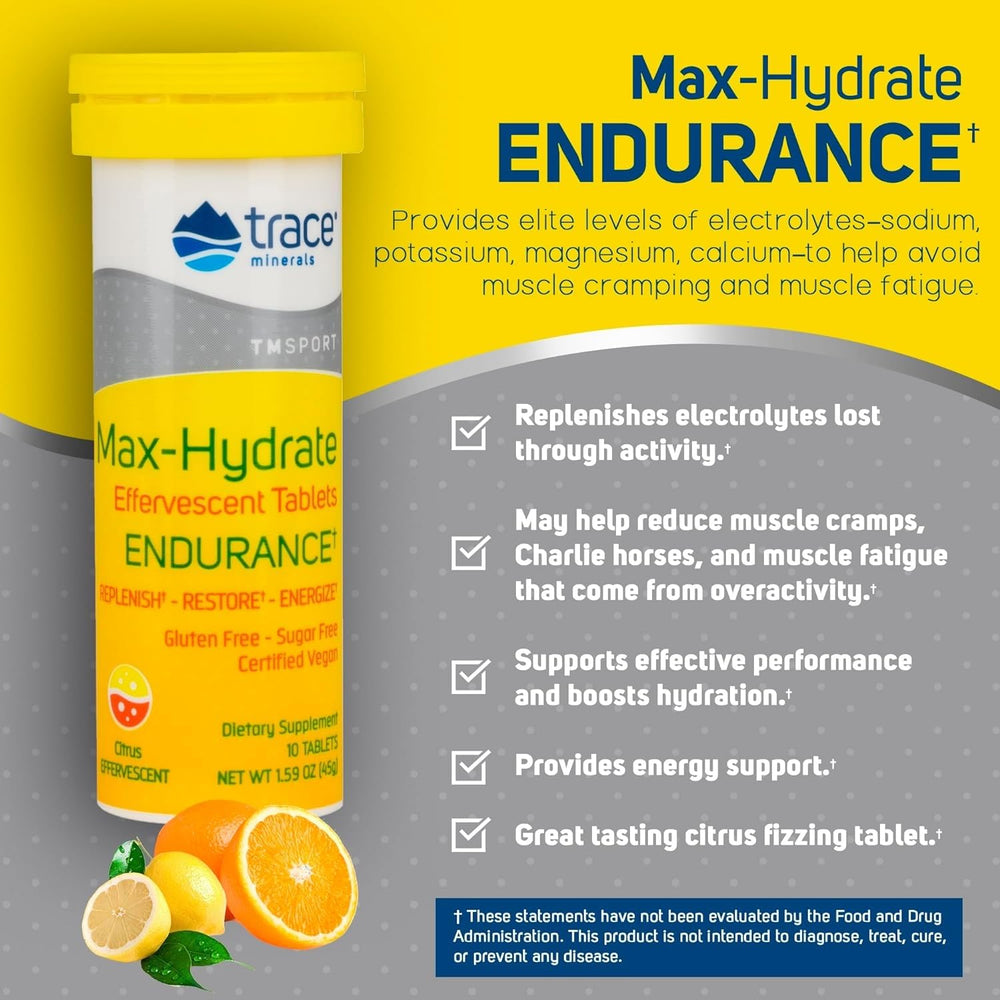 Trace Minerals Max-Hydrate Endurance bottle with citrus flavor for active hydration on-the-go