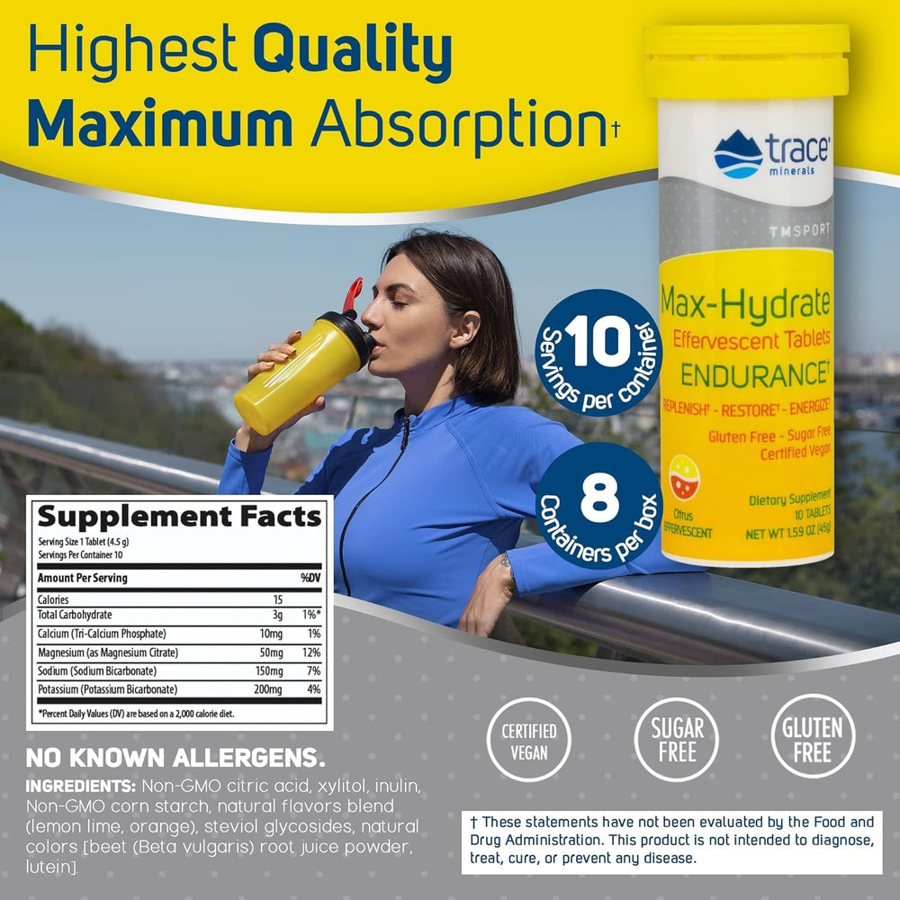 Trace Minerals Max-Hydrate Endurance tablets dissolving in water to support electrolyte balance