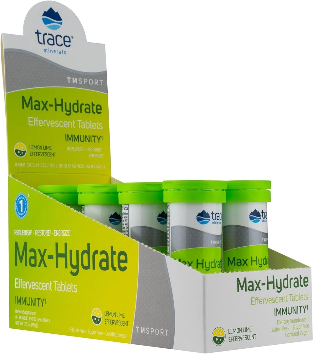 Trace Minerals Max-Hydrate Immunity packaging tubes ready for on-the-go hydration and immune support.