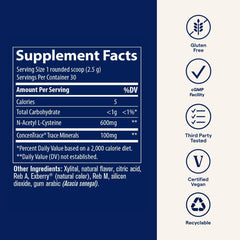 NAC powder ingredients and nutrition panel