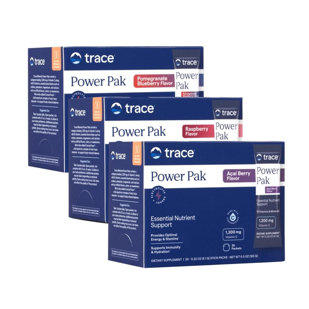 Front view of Trace Minerals Power Pak Raspberry Acai Blueberry Pomegranate 90 packets