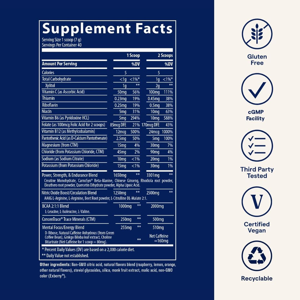 Trace Minerals Pre-Workout powder scoop scene emphasizes endurance support during training.
