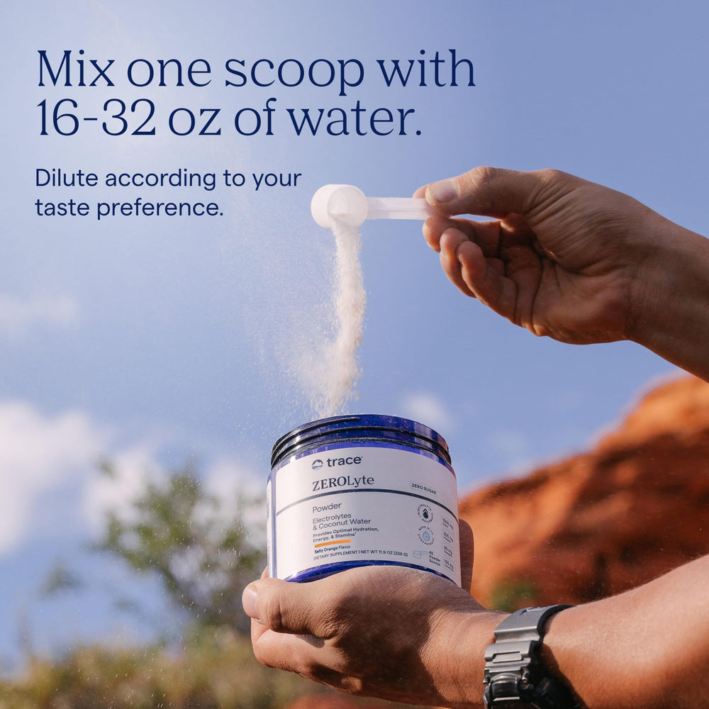 Trace Minerals ZeroLyte powder dissolving in water for quick hydration.
