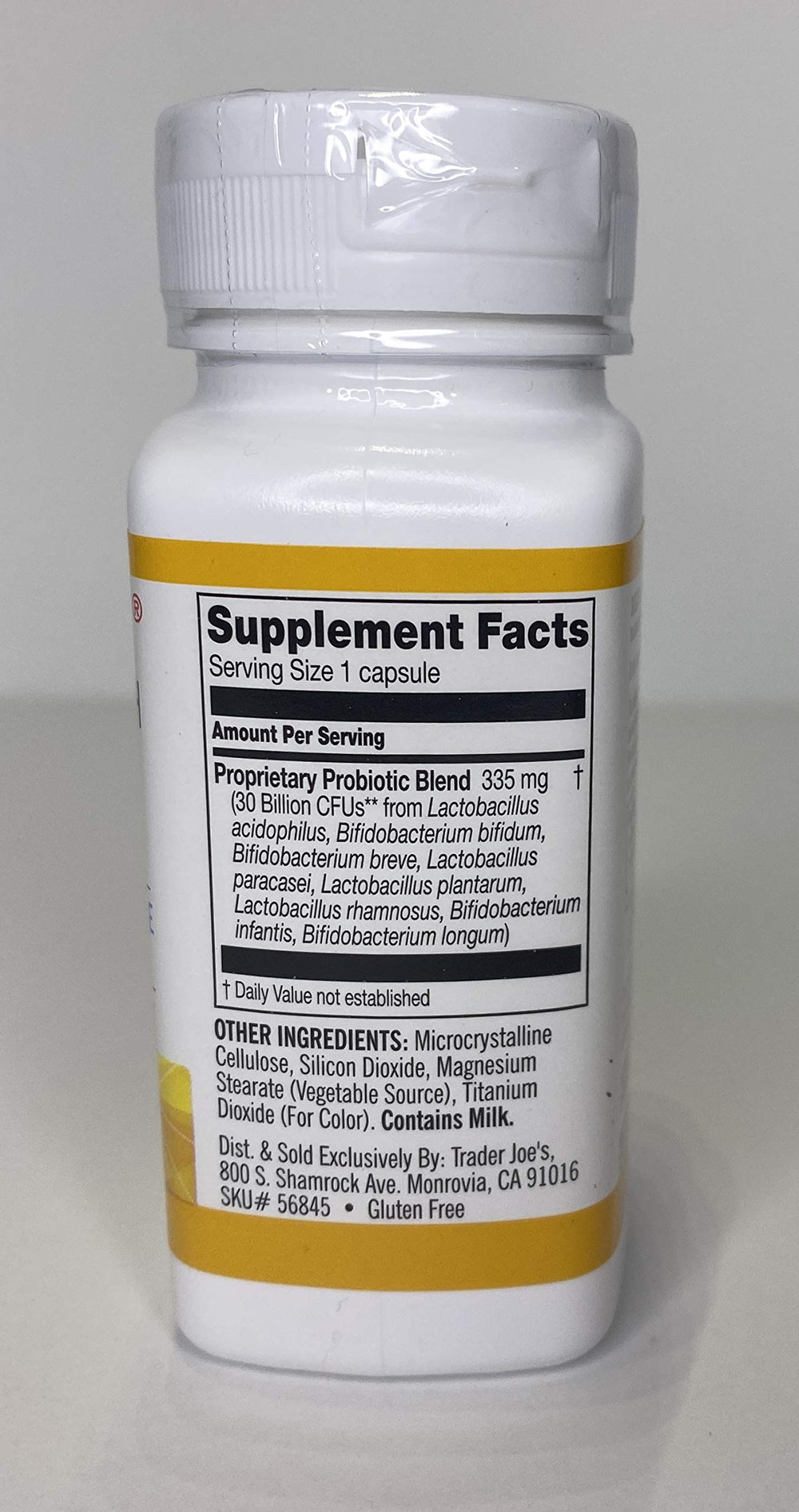 Close-up of Trader Joe's probiotic bottle label