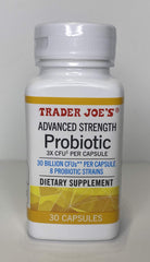 Lifestyle shot of Trader Joe's Advanced Strength Probiotic on a kitchen counter