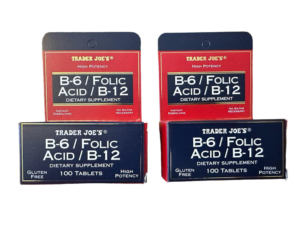 Trader Joe's B-6, Folic Acid & B-12 supplement bottle front view, gluten-free, 200 tablets (2-pack)