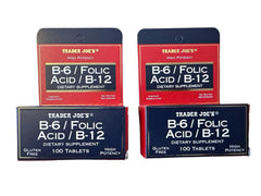 Trader Joe's B-6, Folic Acid & B-12 supplement bottle front view, gluten-free, 200 tablets (2-pack)