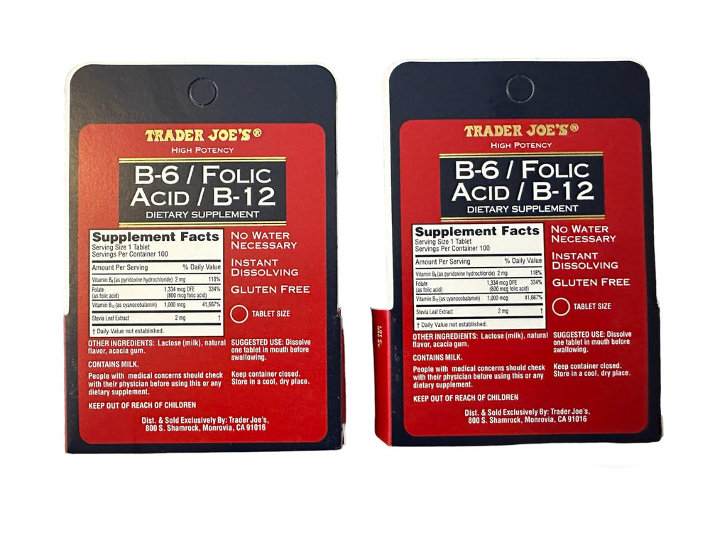 Back label of Trader Joe's B-6/Folic Acid/B-12 bottle showing ingredients and gluten-free claim