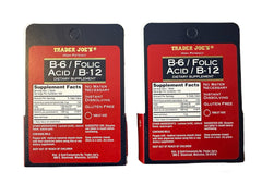 Back label of Trader Joe's B-6/Folic Acid/B-12 bottle showing ingredients and gluten-free claim