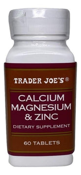Front view of Trader Joe's Calcium Magnesium & Zinc 60 Tablet bottle