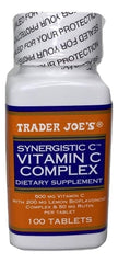 Bottle of Trader Joe's Vitamin C Complex 100 tablets on a white surface