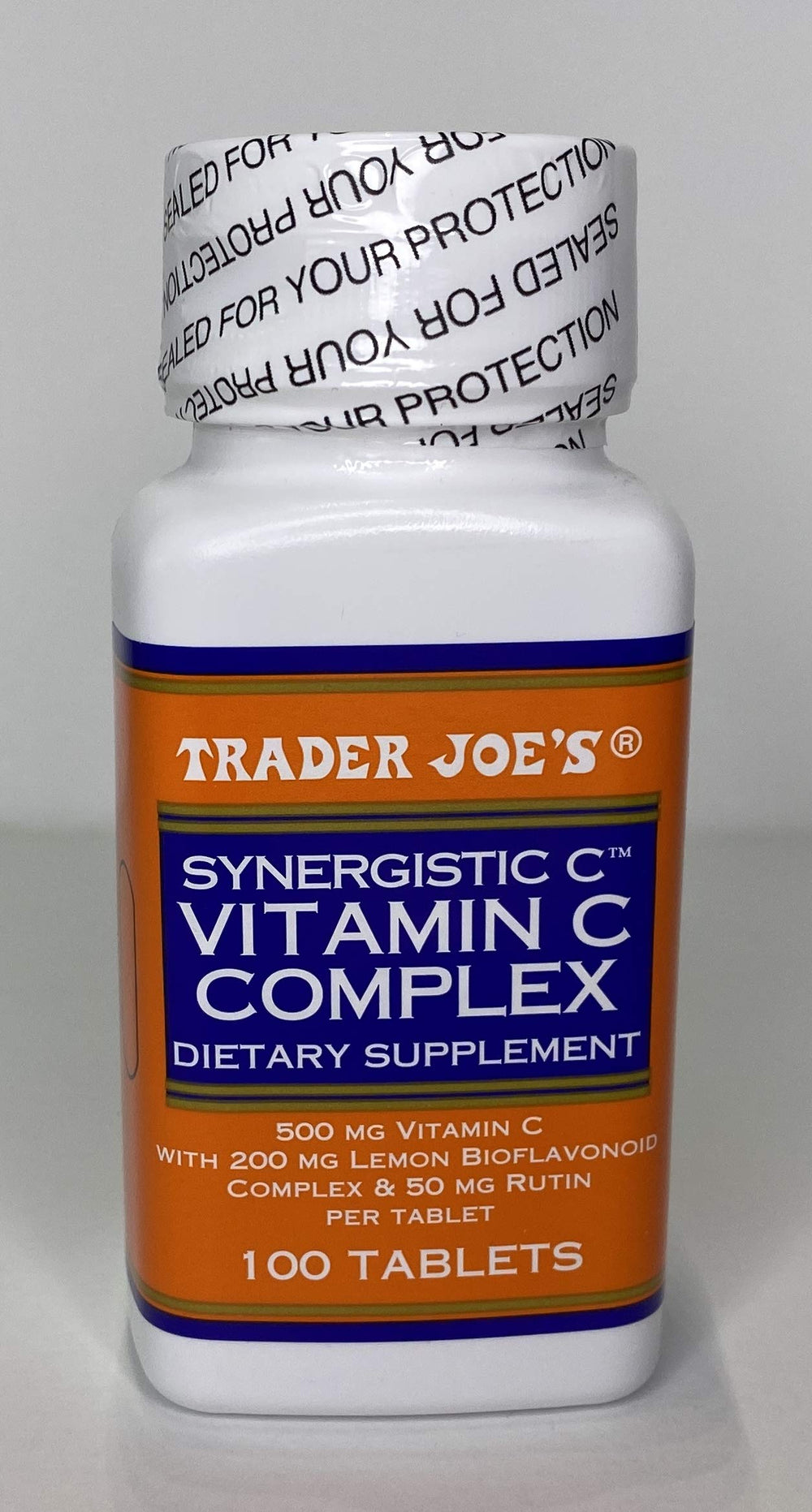 Packaging and bottle of Trader Joe's Vitamin C Complex 100 tablets