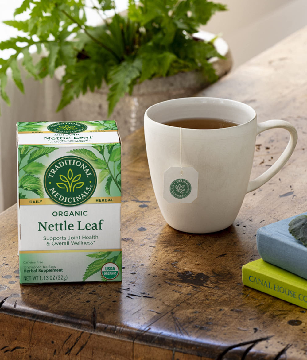 Wellness concept with nettle tea and herbs