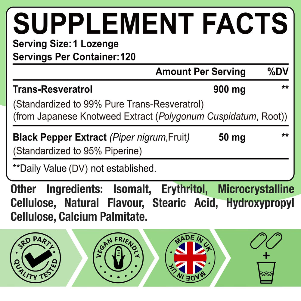 Close-up of product label showing Trans-Resveratrol with Black Pepper Extract