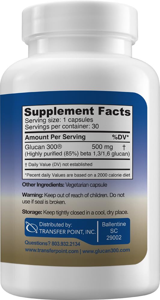 Back view showing supplement facts on Transfer Point Beta Glucan bottle