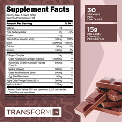 Chocolate-flavored TransformHQ Beauty Collagen powder being mixed into a glass