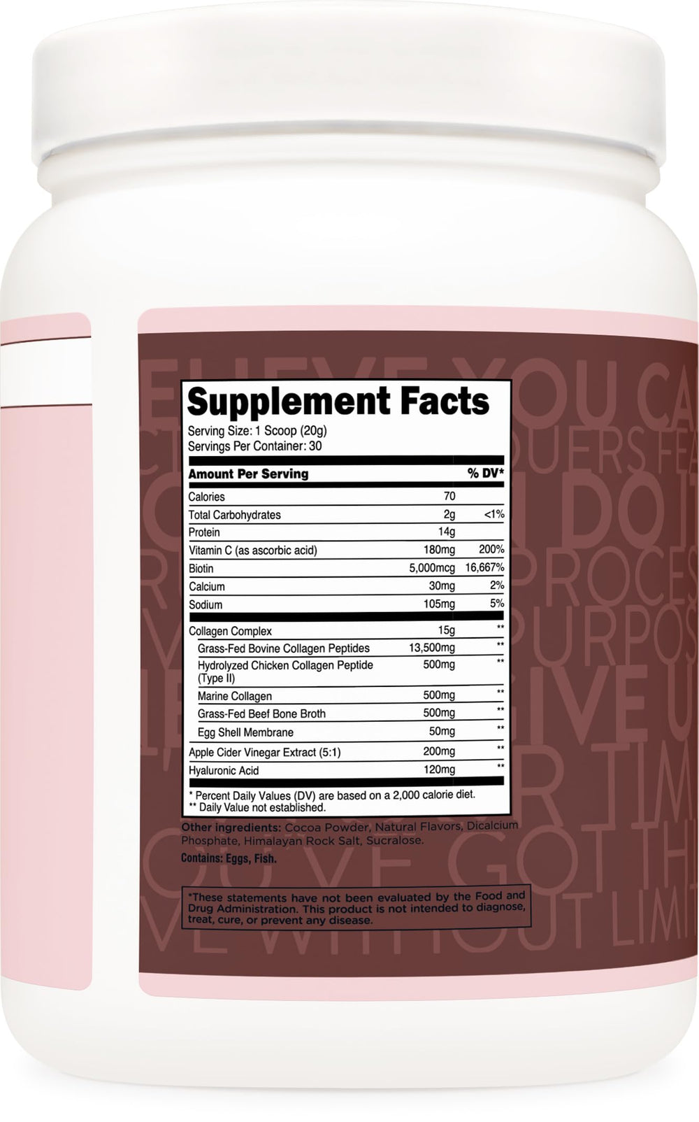 Scoop of chocolate collagen being mixed with water (8-12 oz)