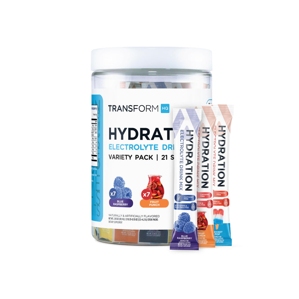 TransformHQ blue raspberry hydration glass provides tasty, sugar-free electrolyte refreshment.