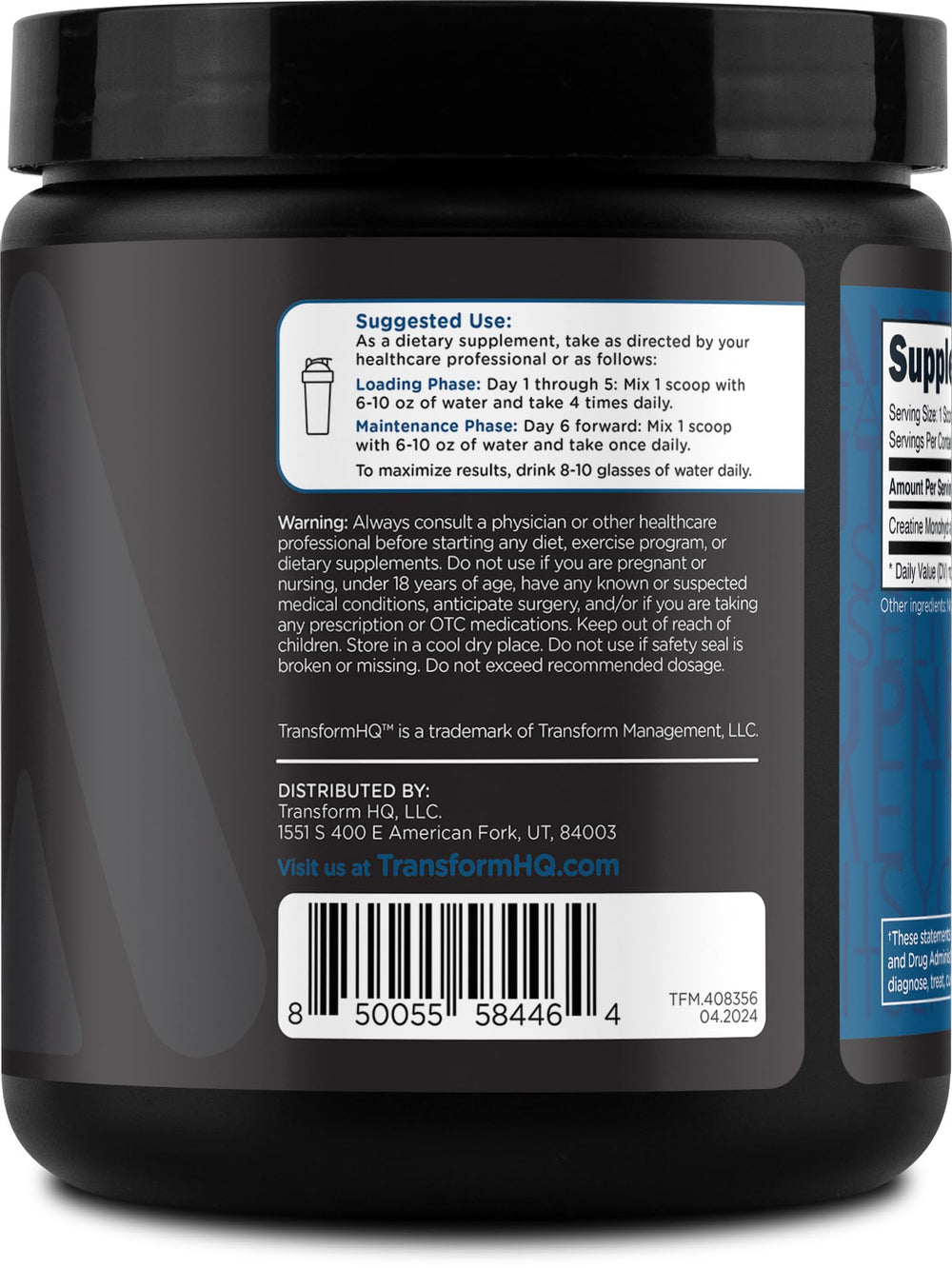 Scoop of TransformHQ Creatine Monohydrate Powder with serving size information.